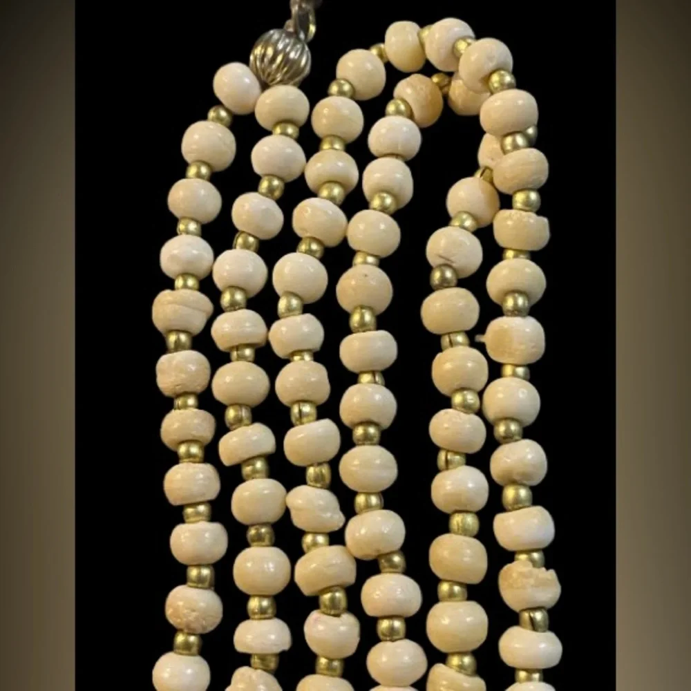 Vintage Carved Bone Cream Beaded Necklace with 3 Elephant Pendants Good Luck